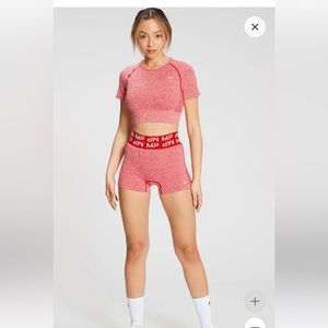 My Protein MP crop top, sports bra, and shorts red XS